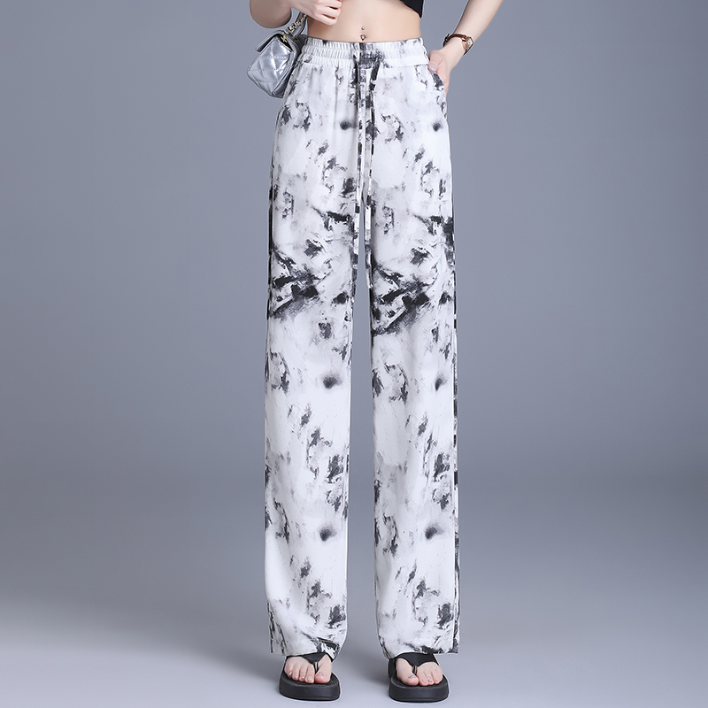 小个子水墨画扎染裤子九分阔腿裤夏季薄款高腰宽松防晒直筒裤长裤