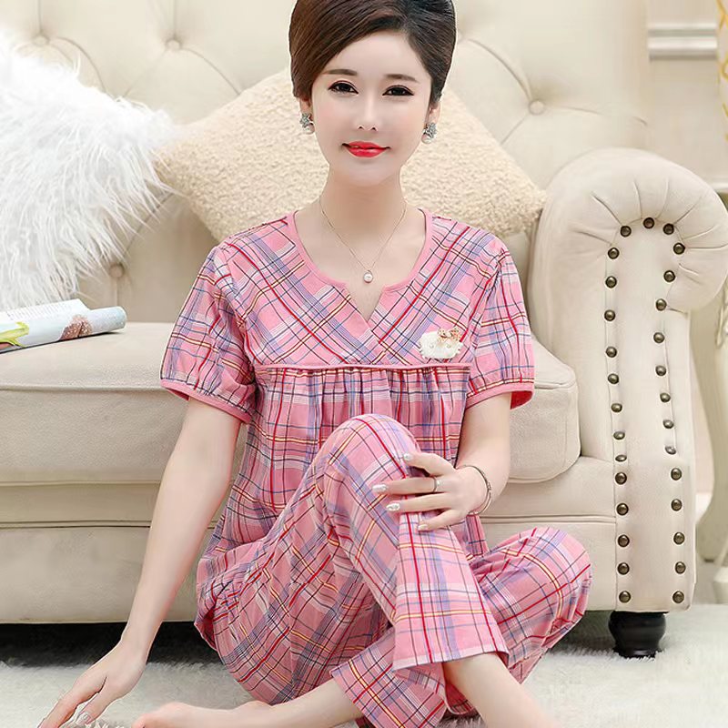 高档中老年女士七分裤纯棉家居服套装夏季轻薄透气春夏月子服睡衣