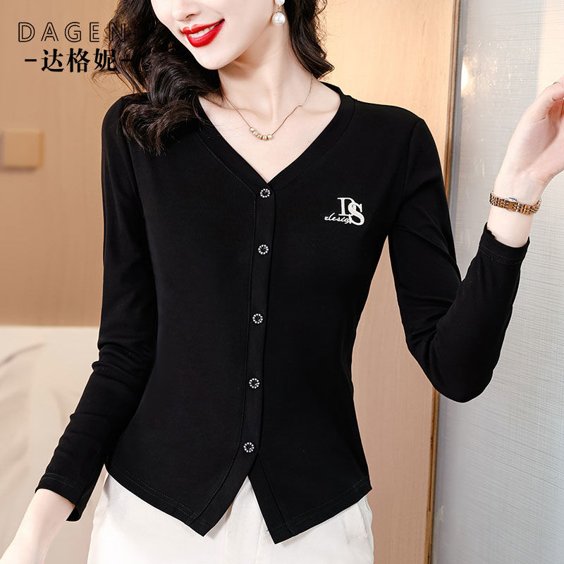 时尚设计感万能棉质V领百搭长袖上衣女洋气显瘦黑色打底衫女小衫