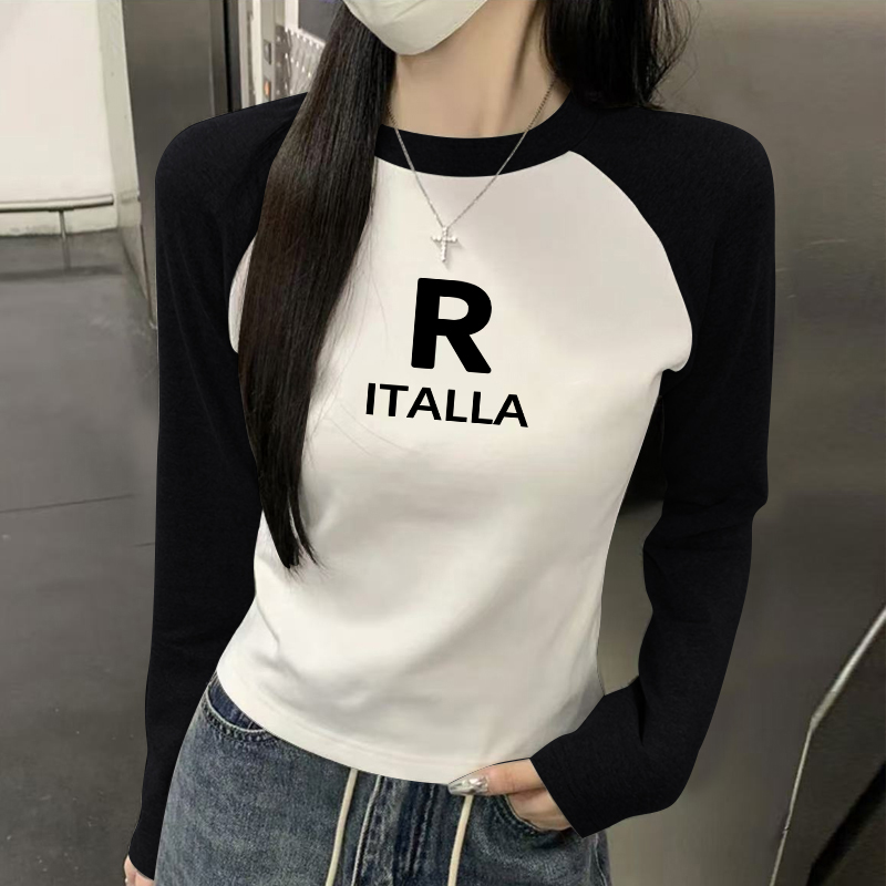 德绒新款拼色插肩袖长袖T恤女2024秋冬季圆领修身内搭保暖上衣潮