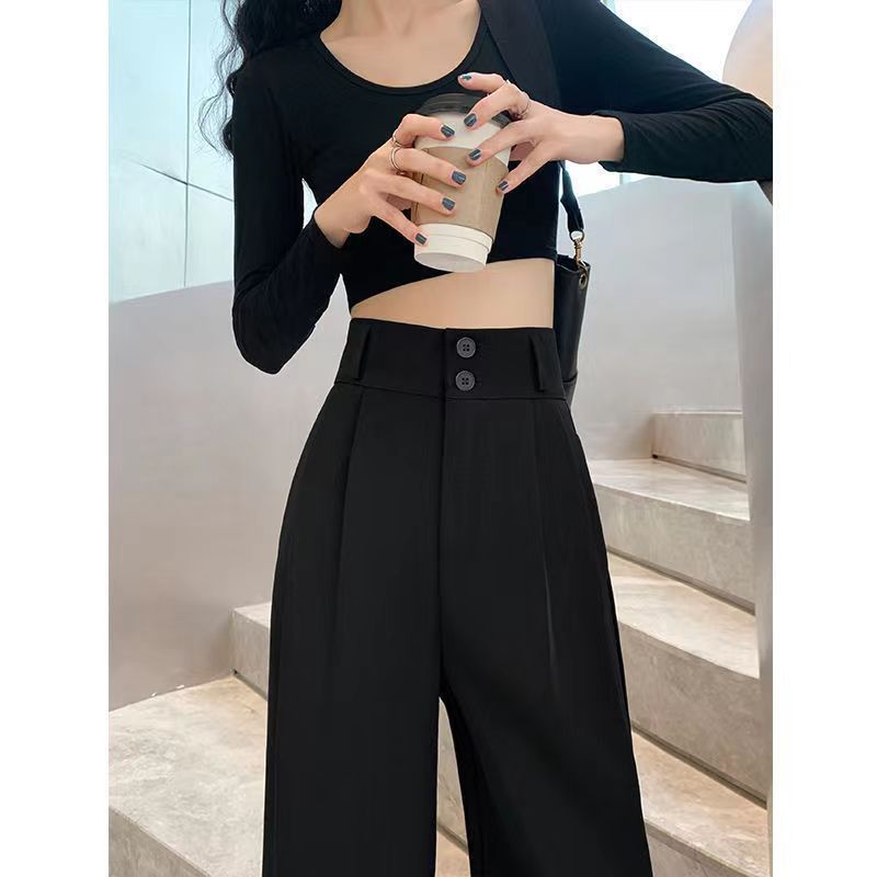 黑色窄版直筒裤女春夏高腰垂感西装裤小个子直筒梨形身材夏季薄款