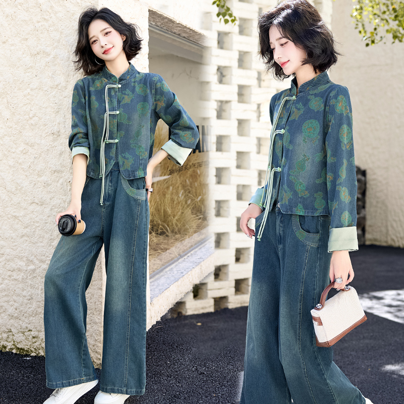 新中式国风盘扣牛仔套装女2025年秋季爆款时尚气质减龄休闲两件套