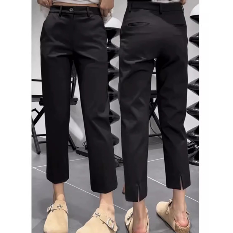 2025夏季高腰开叉直筒西装休闲裤大码女装胖mm遮胯显瘦九分烟管裤