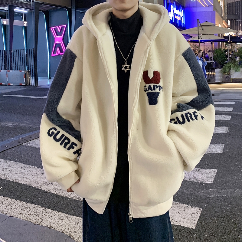 OHUP羊羔绒棉衣外套男冬季2024新款加厚保暖宽松棉服潮流冬装棉袄