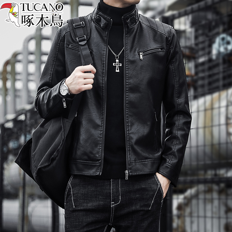 TUCANO/啄木鳥海宁皮衣秋冬季男士韩版修身机车服加绒皮夹克外套
