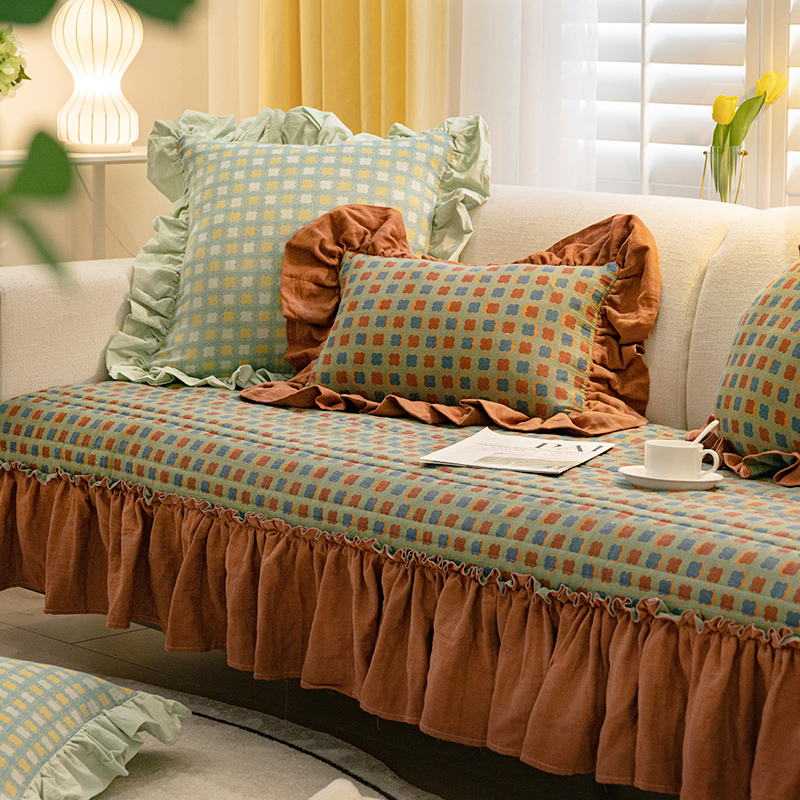 【梵客裙摆】双层纱全棉美式复古通用沙发坐垫全盖万能罩盖巾高档