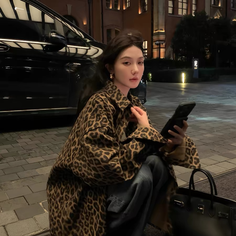 6043潮流豹纹衬衫外套女秋季美式复古百搭宽松显瘦休闲上衣