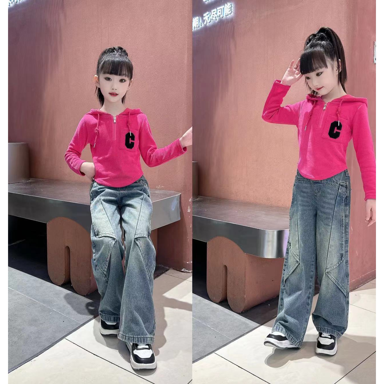 韩版潮春秋女童连帽上衣显白洋气翻边牛仔裤时髦酷