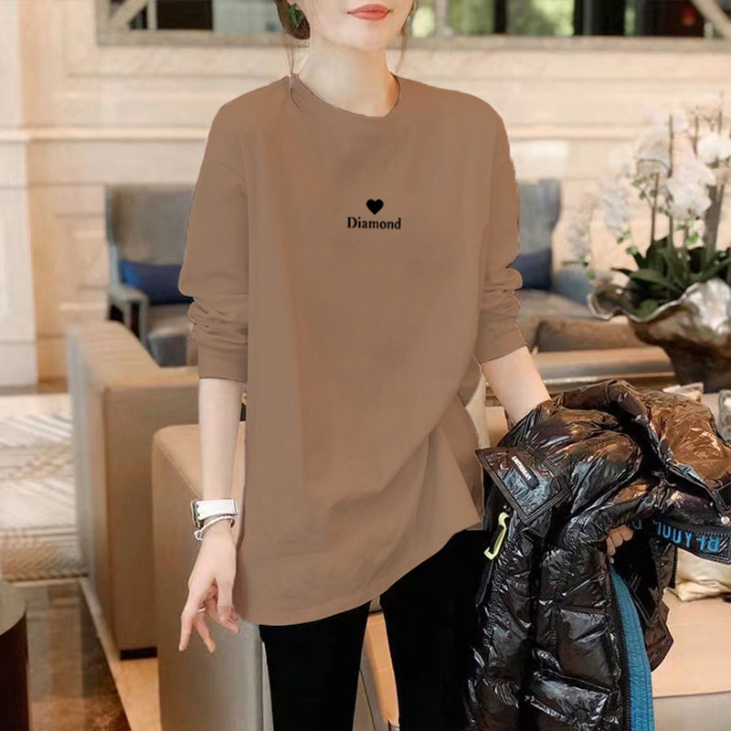 咖色打底衫女秋冬卫衣内搭宽松遮屁股女士纯棉中长款t恤女长袖潮