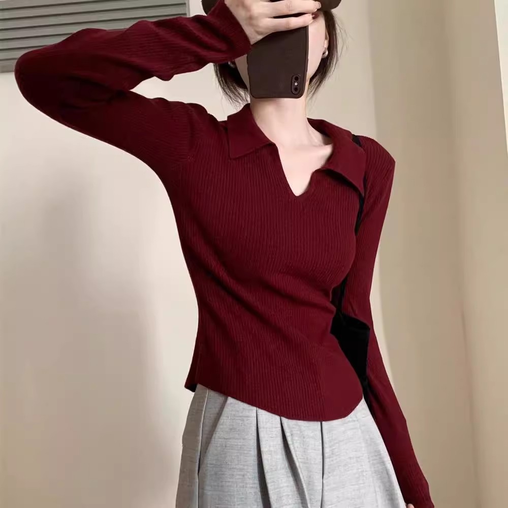 秋冬女装高级感过年红色polo领外穿毛衣洋气针织衫内搭打底衫上衣