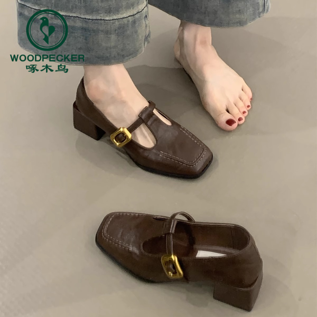 啄木鸟复古方头气质高跟玛丽珍鞋浅口一字扣带软底通勤高跟鞋女士