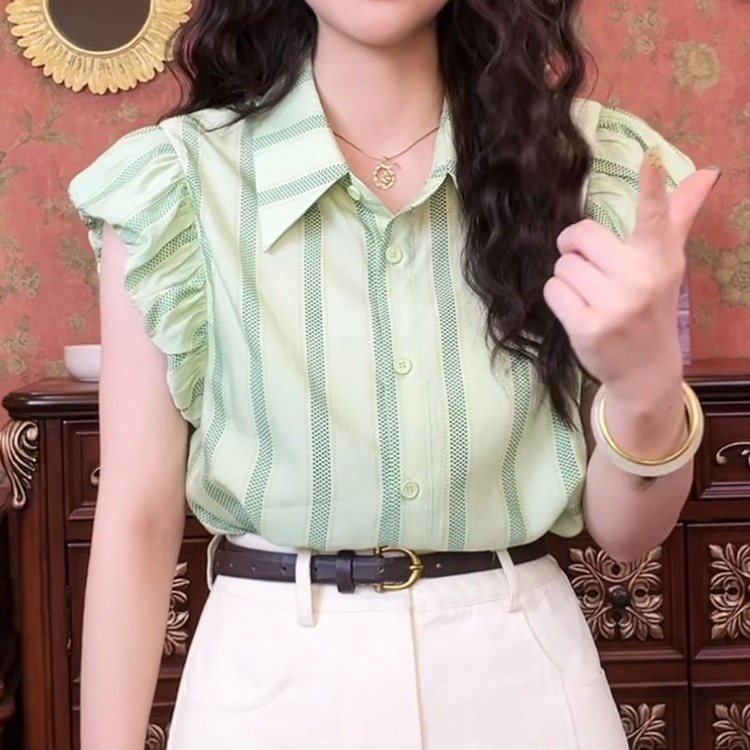 气质新款绿色条纹飞飞袖衬衣女装2025夏季气质精致设计感上衣小衫