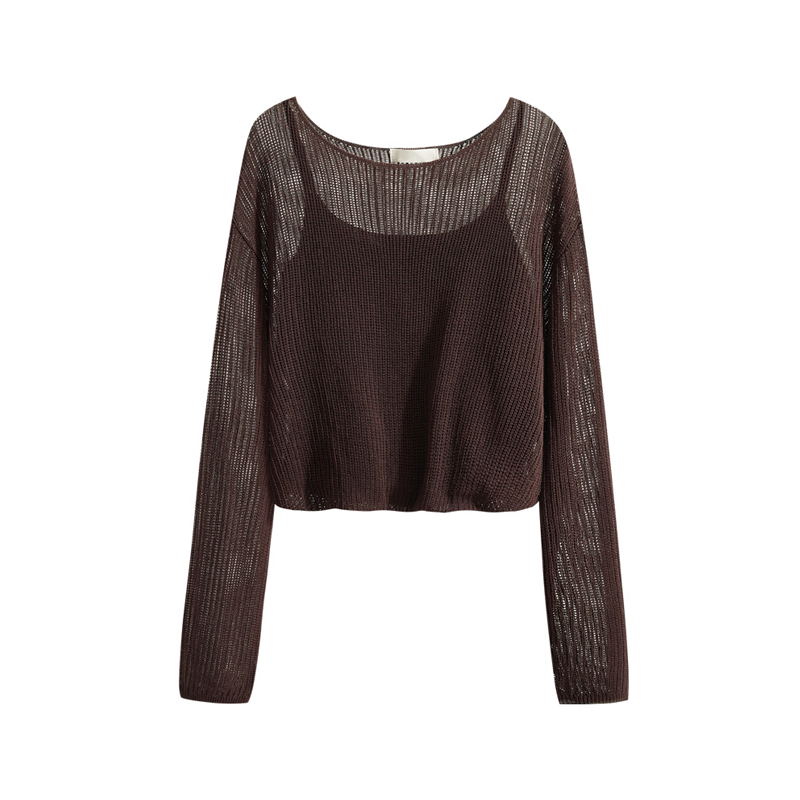 镂空圆领假两件针织衫秋季新款宽松套头拼接长袖上衣大码胖mm时尚