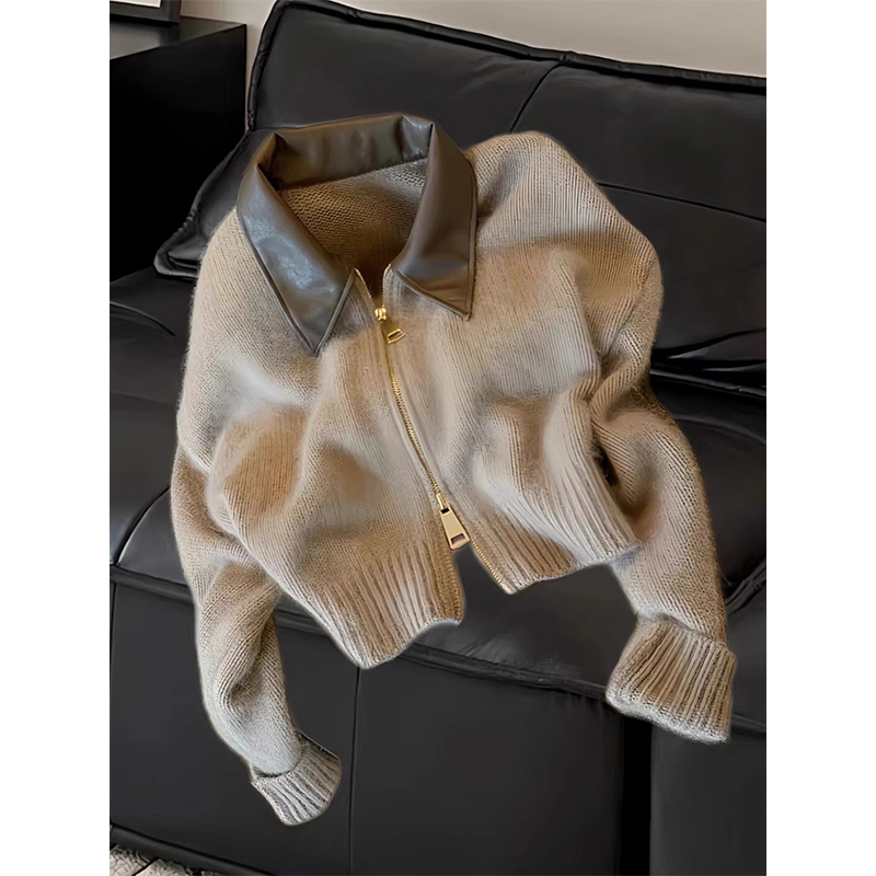 秋季时尚高级感皮POLO领拼接针织开衫双头拉链慵懒风绒毛衣外套女