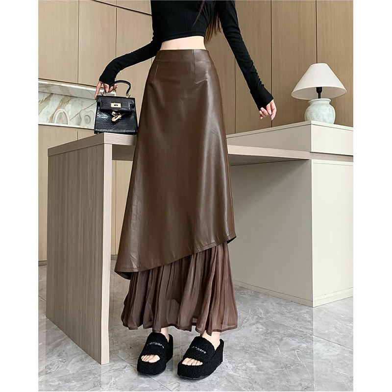 2025美式复古A字半身裙女秋冬新款皮裙斜下摆拼接高腰显瘦A字长裙
