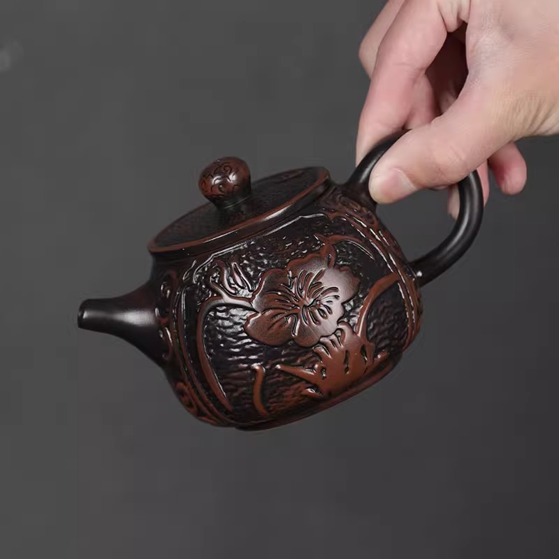 紫陶兰花石瓢壶家用复古大容量手工雕刻陶瓷功夫茶具专用泡茶壶