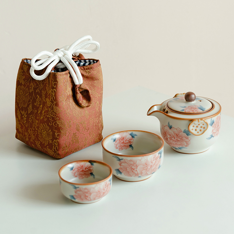 汝窑芙蓉花开片旅行茶具手抓壶快客杯套装便携式二人茶具一壶二杯