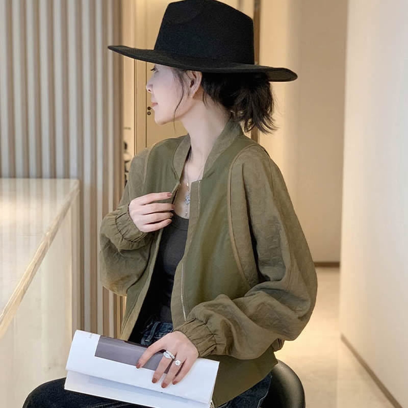 春秋小个子短款外套女时尚宽松棒球服绿色拼接设计感小众长袖上衣
