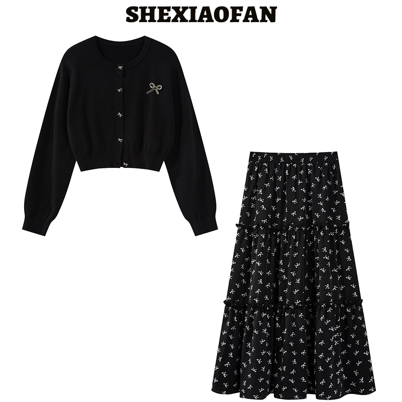 秋季新款套装女蝴蝶结长袖针织开衫上衣气质宽松显瘦半身裙两件套