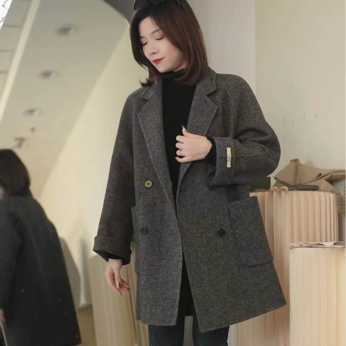 大衣双面2025（逅卫）四粒扣人字纹时尚双面呢大衣中长款百搭气质