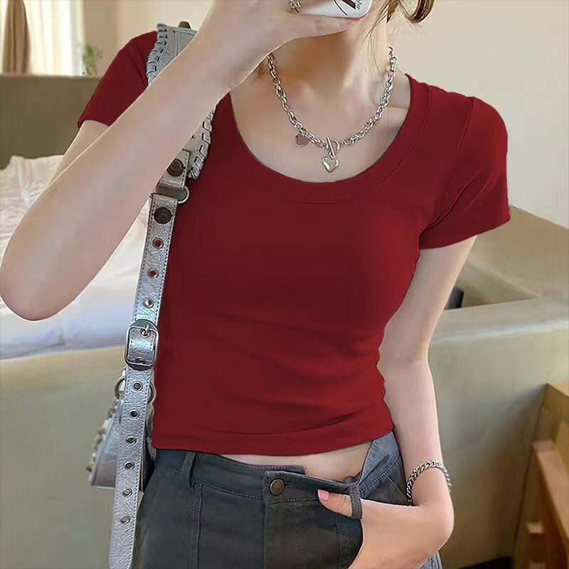 正肩u领短袖t恤女2025夏季小众设计感修身纯欲辣妹短款露脐上衣服