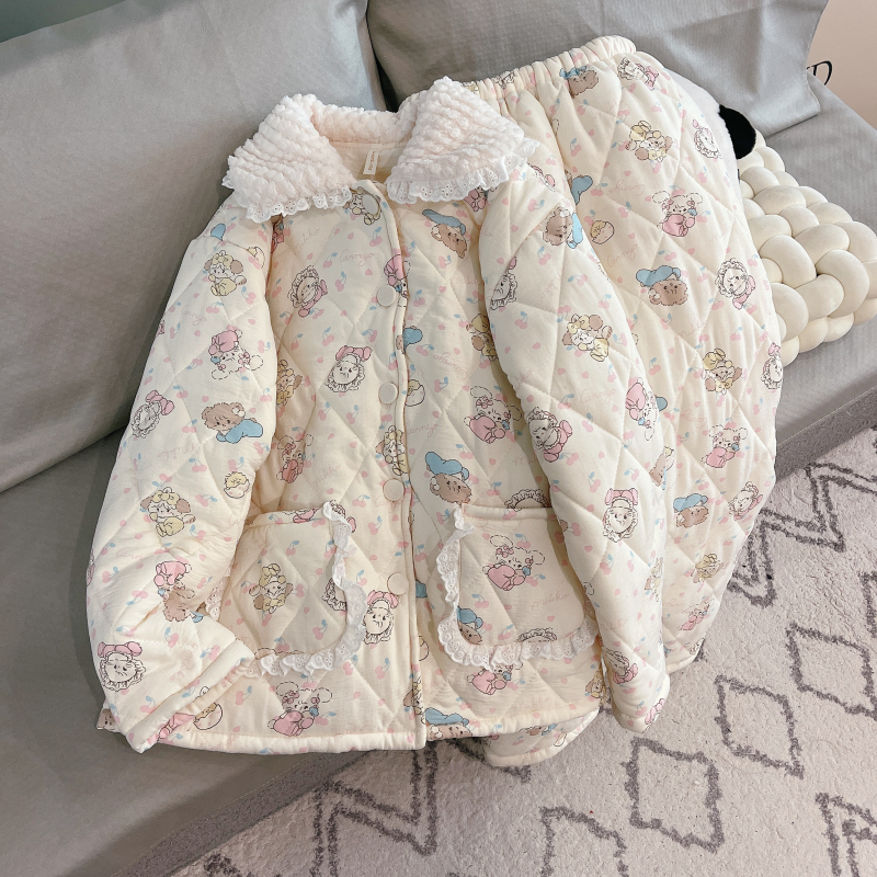 珊瑚绒夹棉睡衣女秋冬季三层加厚印花卡通法兰绒高级感家居服套装