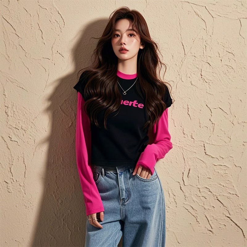 洋气独特别致绝美上衣百搭显瘦长袖打底黑色假两件拼接t恤女春秋