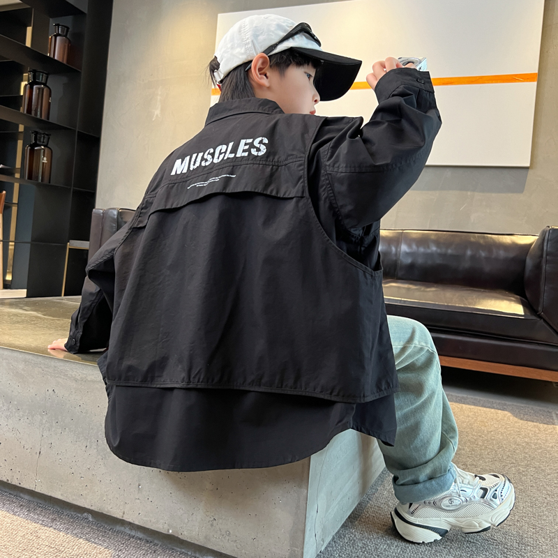 男童外套假两件春秋款2025上衣儿童秋装上衣中大童秋季衬衫韩版潮