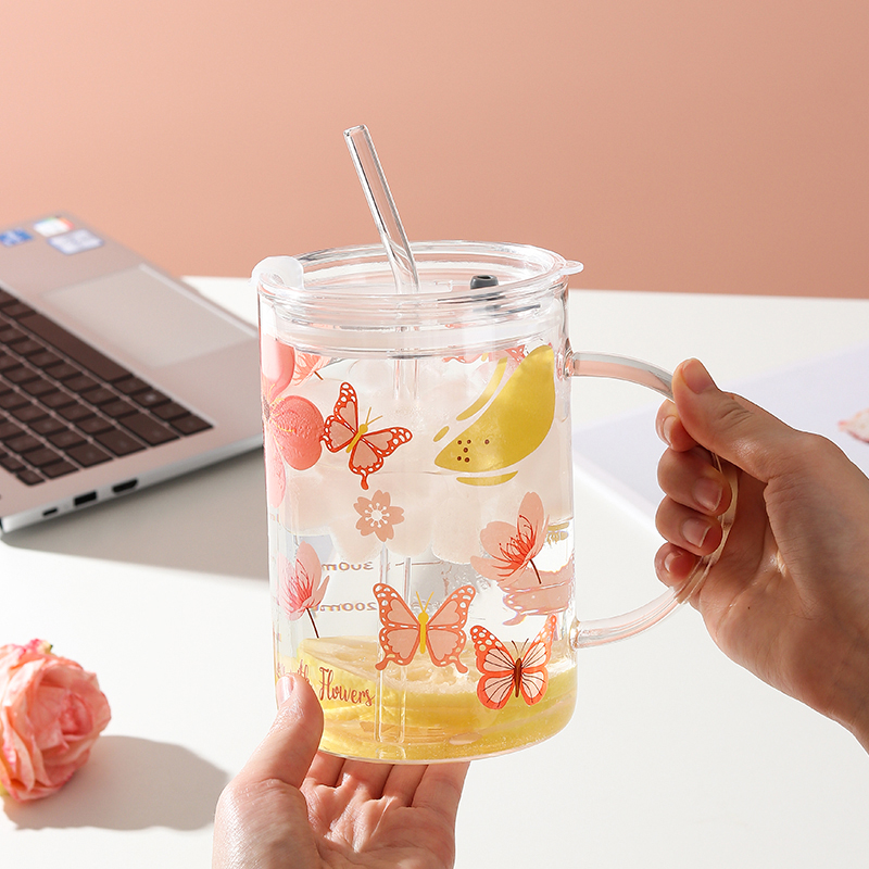蝴蝶吸管杯可爱透明家用创意大容量印花带盖耐热