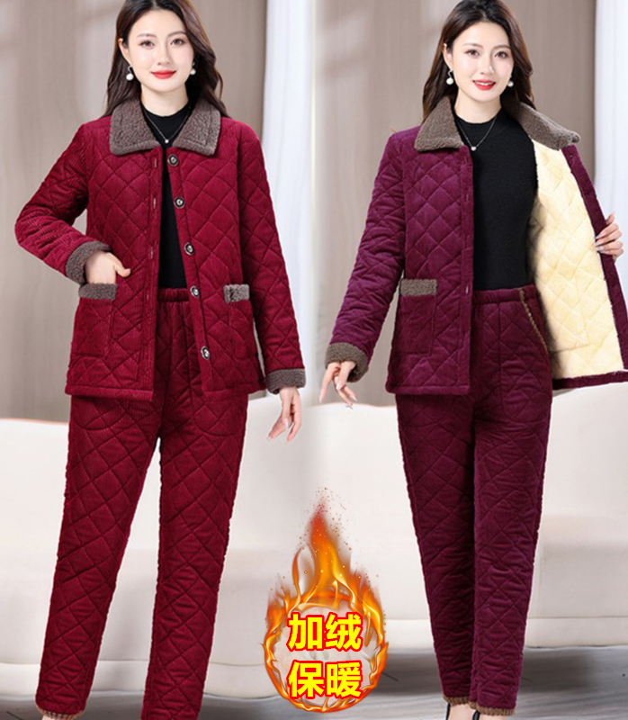 妈妈装棉衣棉裤两件套女加绒加厚冬季棉袄中老年人套装棉服家居服
