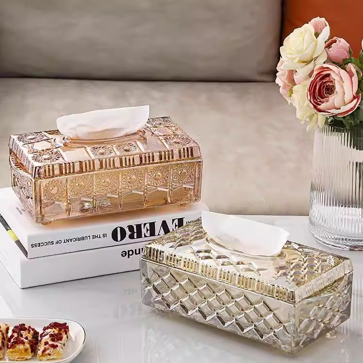 欧式奢华水晶玻璃带盖纸巾盒轻奢客厅收纳盒简约创意餐桌面抽纸盒