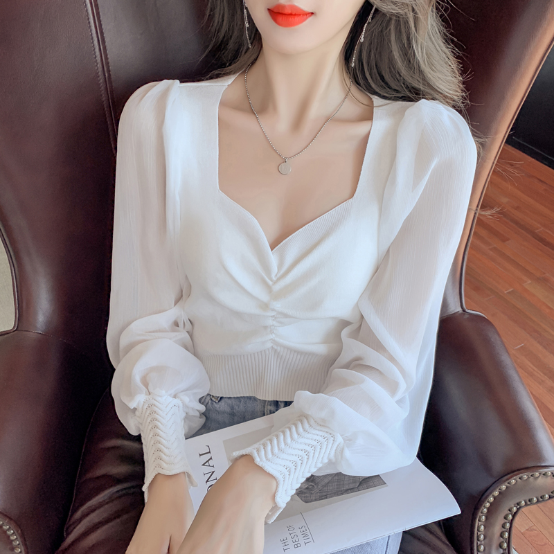 夏季小众网纱长袖拼接针织打底衫女法式方领短款t恤上衣服