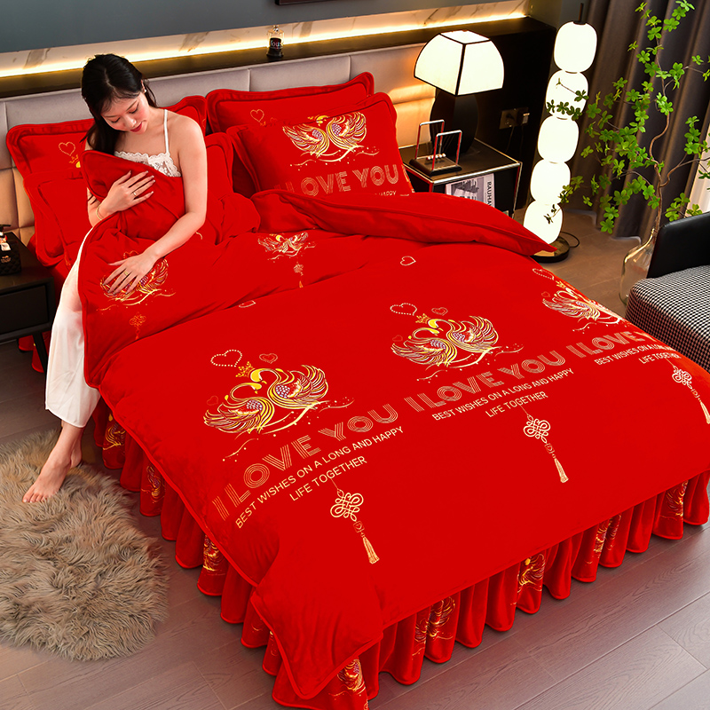 新款加厚保暖大红色婚庆印花款牛奶绒四件套抗静电结婚喜庆不掉毛