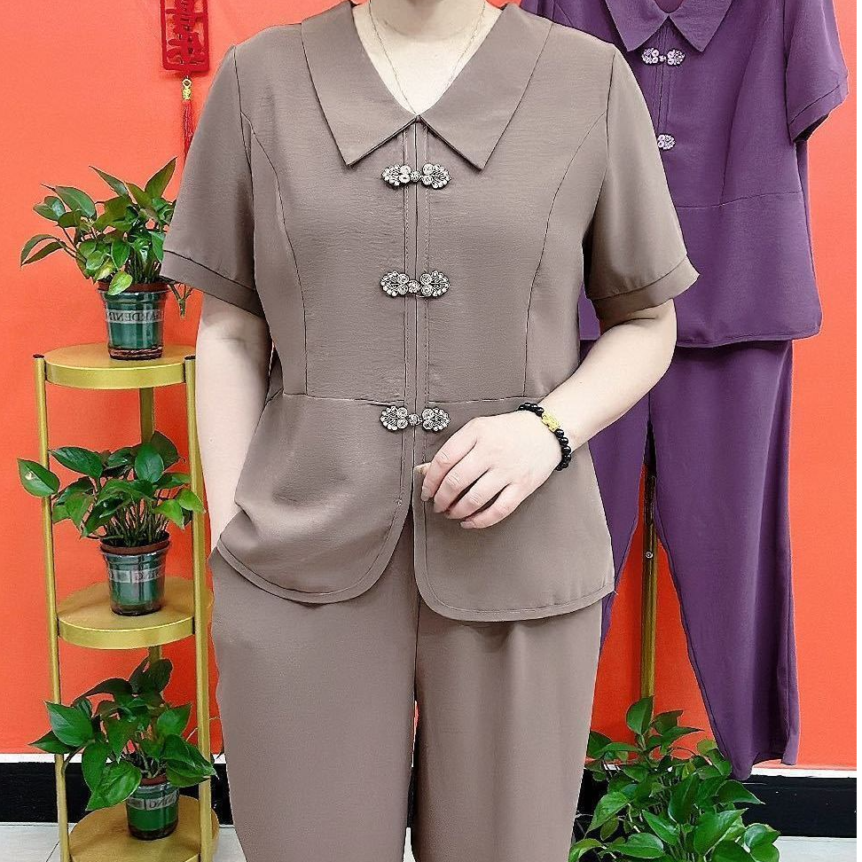 夏季新款纯色遮肚子显瘦复古套装高档妈妈装时尚百搭宽松短袖套装