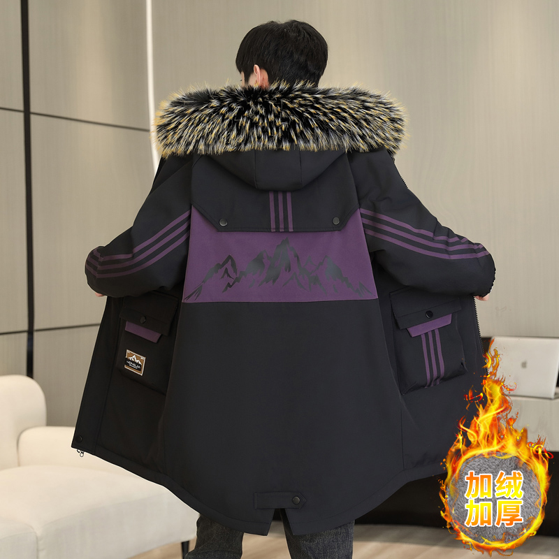 中长款冬季男士休闲风衣外套加绒加厚潮流帅气保暖棉衣派克服夹克