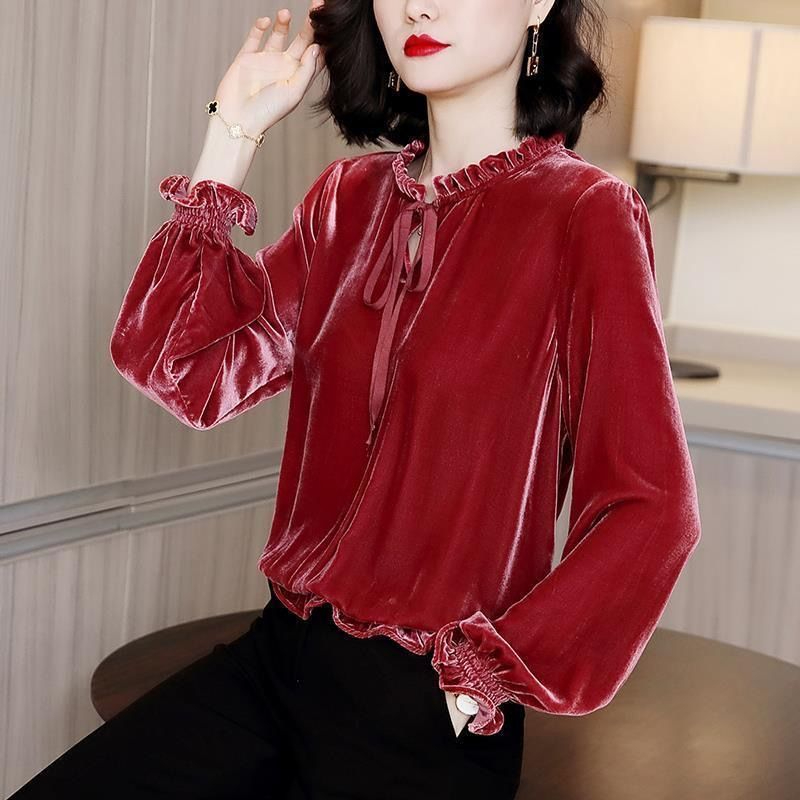 春秋季丝绒长袖T恤显瘦设计感小众法式复古韩版宽松打底衫上衣女
