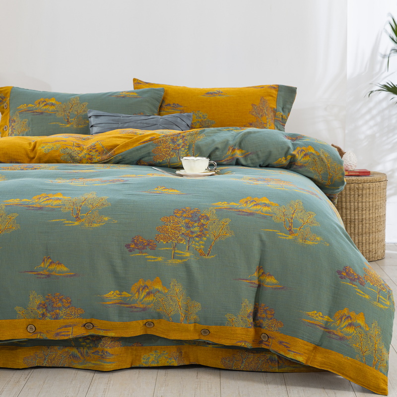 【彩韵-绿】全棉提花A类双层纱国风家纺轻奢四件套国风家纺柔软