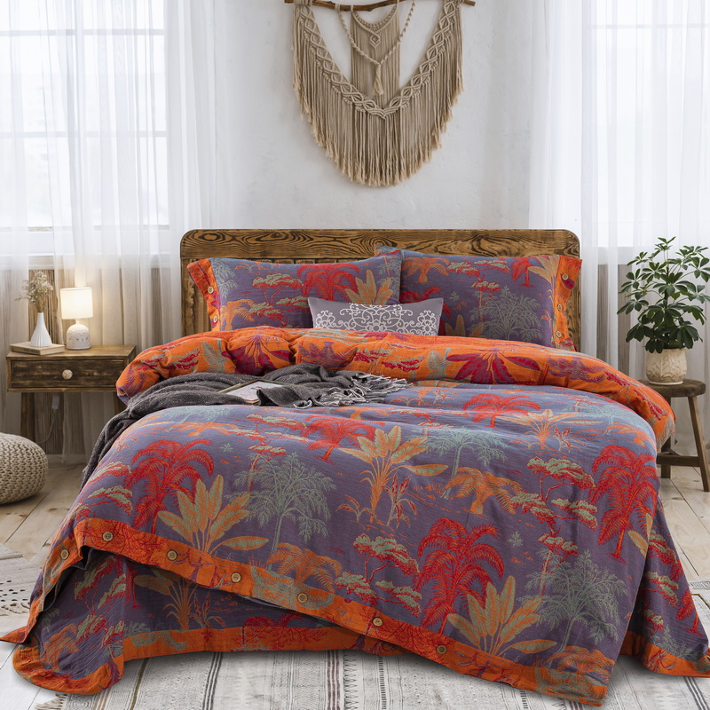 【奇幻丛林-多色】全棉提花双层纱被套四件套温暖柔软床上用品透气A