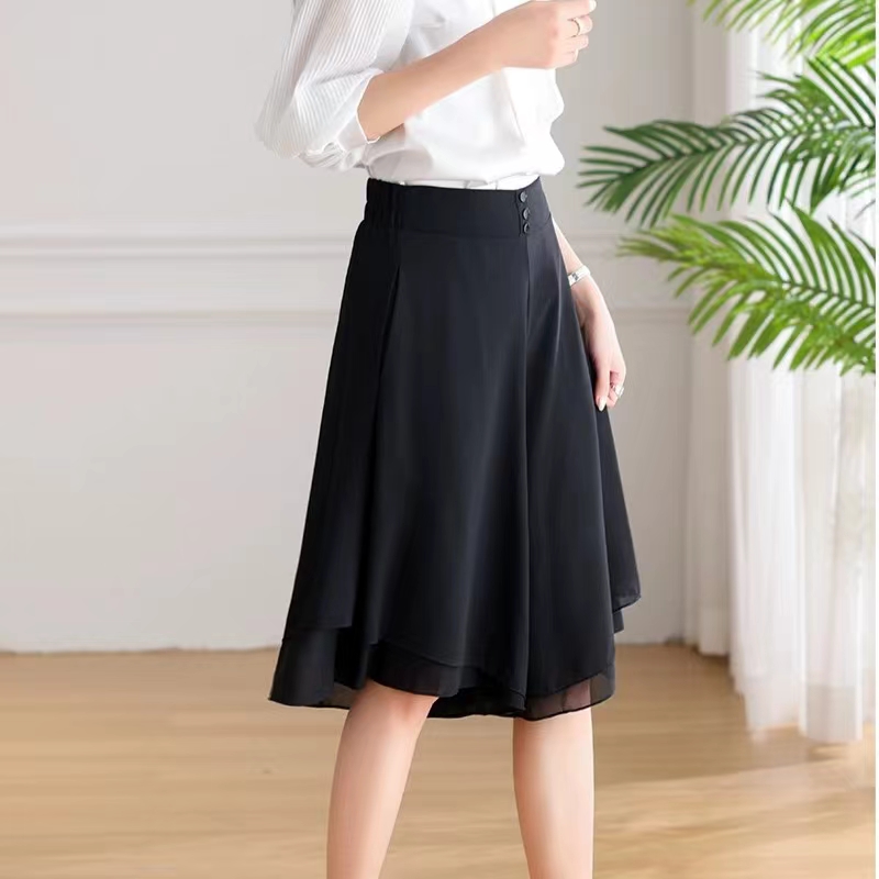 夏季口袋冰感雪纺大码百搭显示高腰款六分休闲阔腿裤黑色宽松显瘦