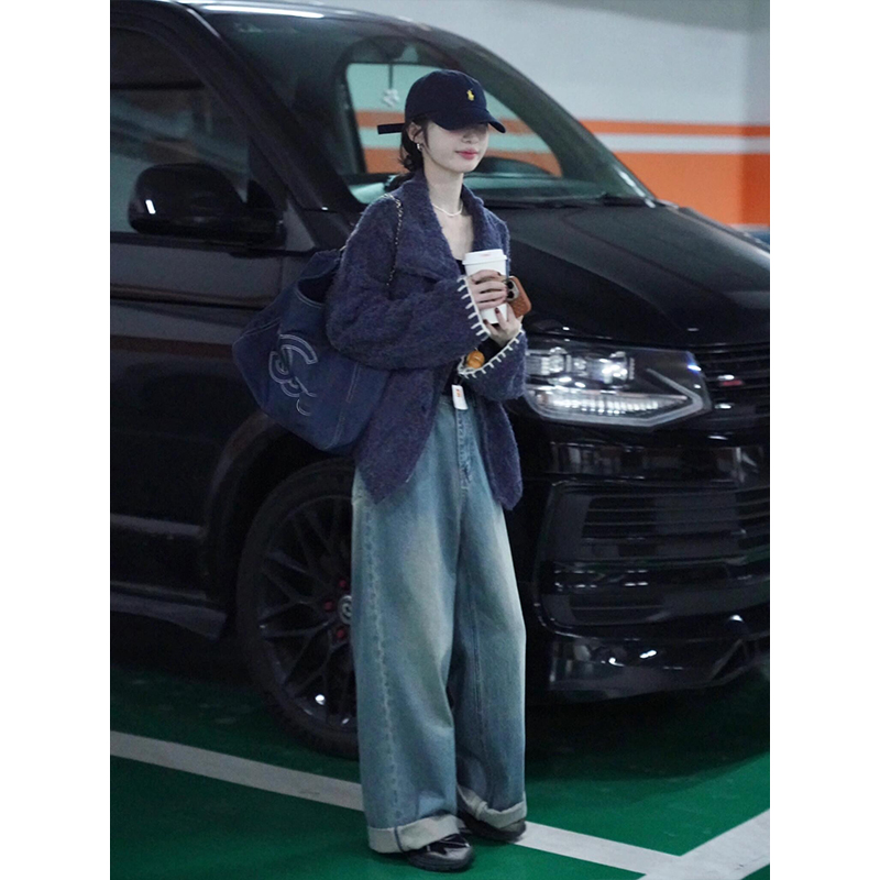 2025秋季新款高级感软糯舒适透气针织开衫高腰垂感休闲牛仔阔腿裤