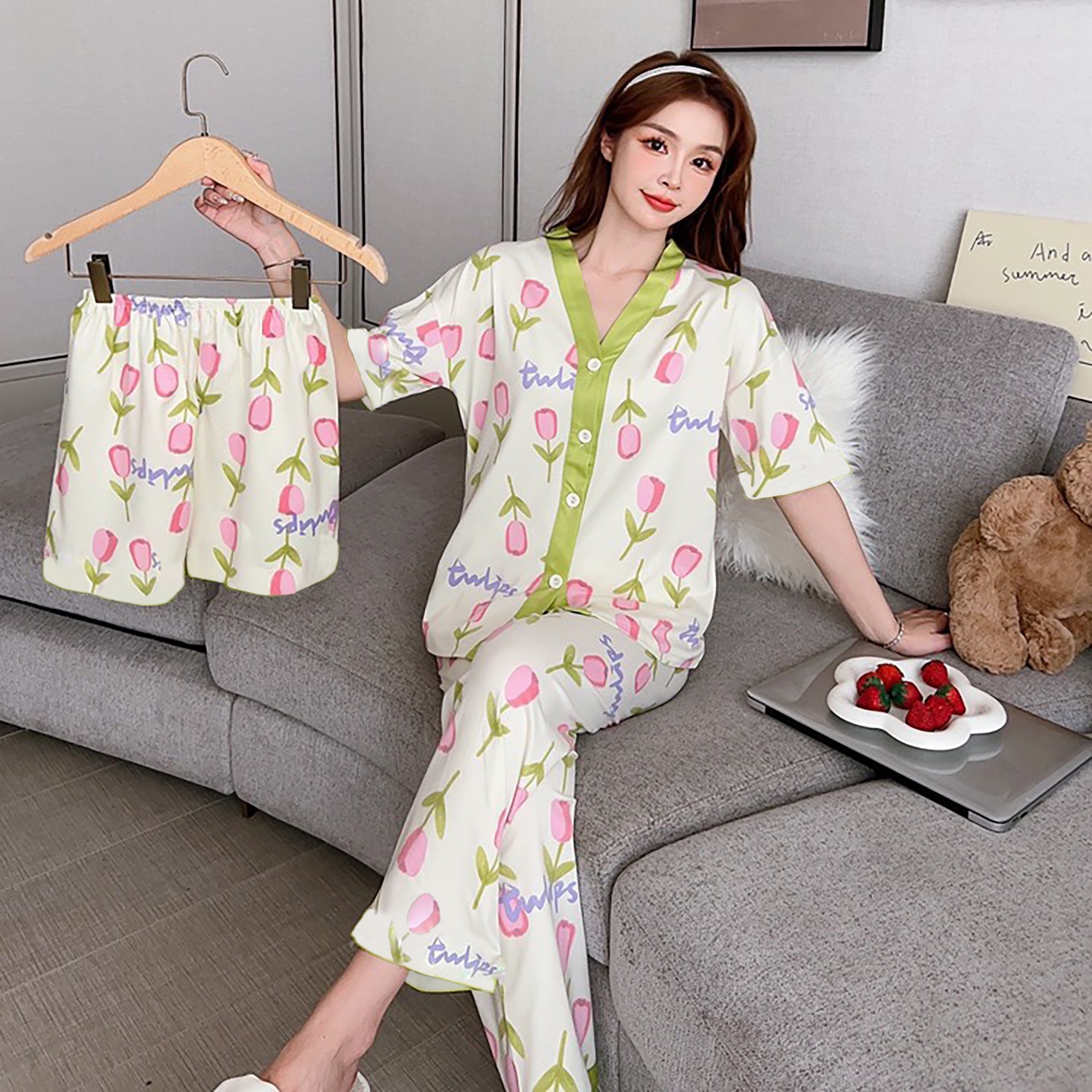 【3件套】T3夏季薄款女士短袖短裤长裤睡衣KK170