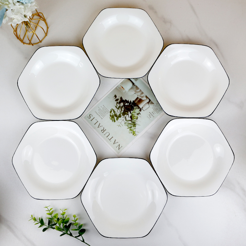 家用餐具8英寸六角盘子4/6个装釉下彩陶瓷餐具菜盘子盘碟方盘瓷盘