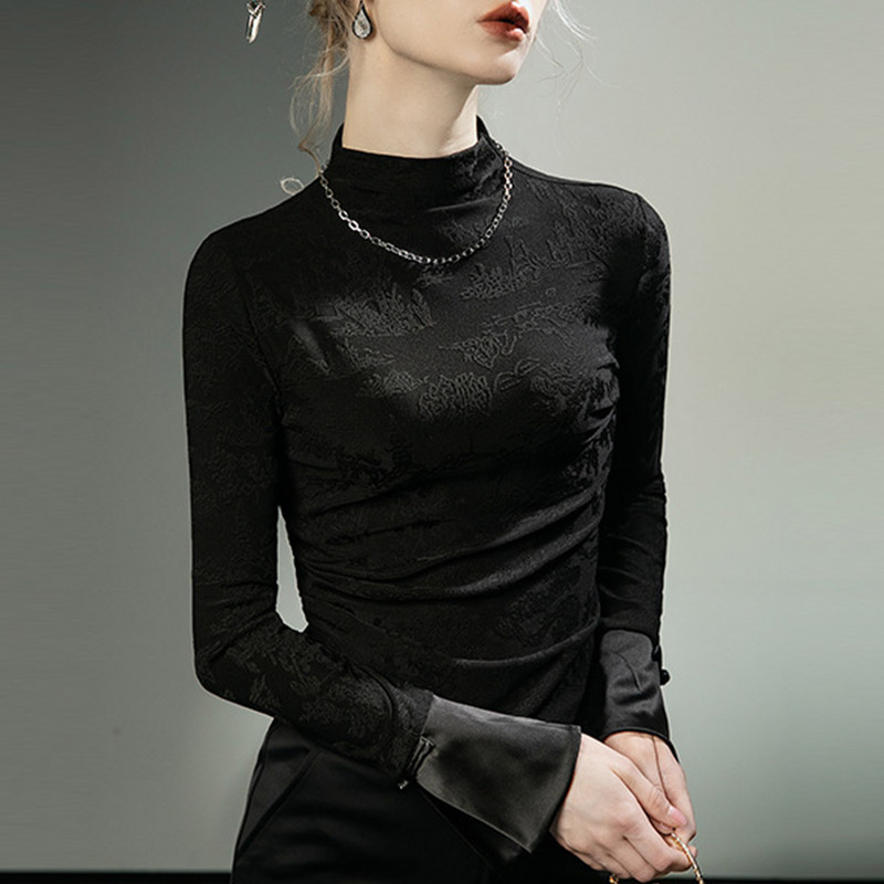 半高领蕾丝打底衫2024秋冬新款国风刺绣提花小衫洋气内搭时髦上衣