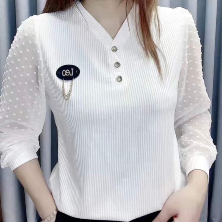 春秋款夏季透气女士时尚长袖打底T恤V领三扣百搭休闲网红显瘦小衫