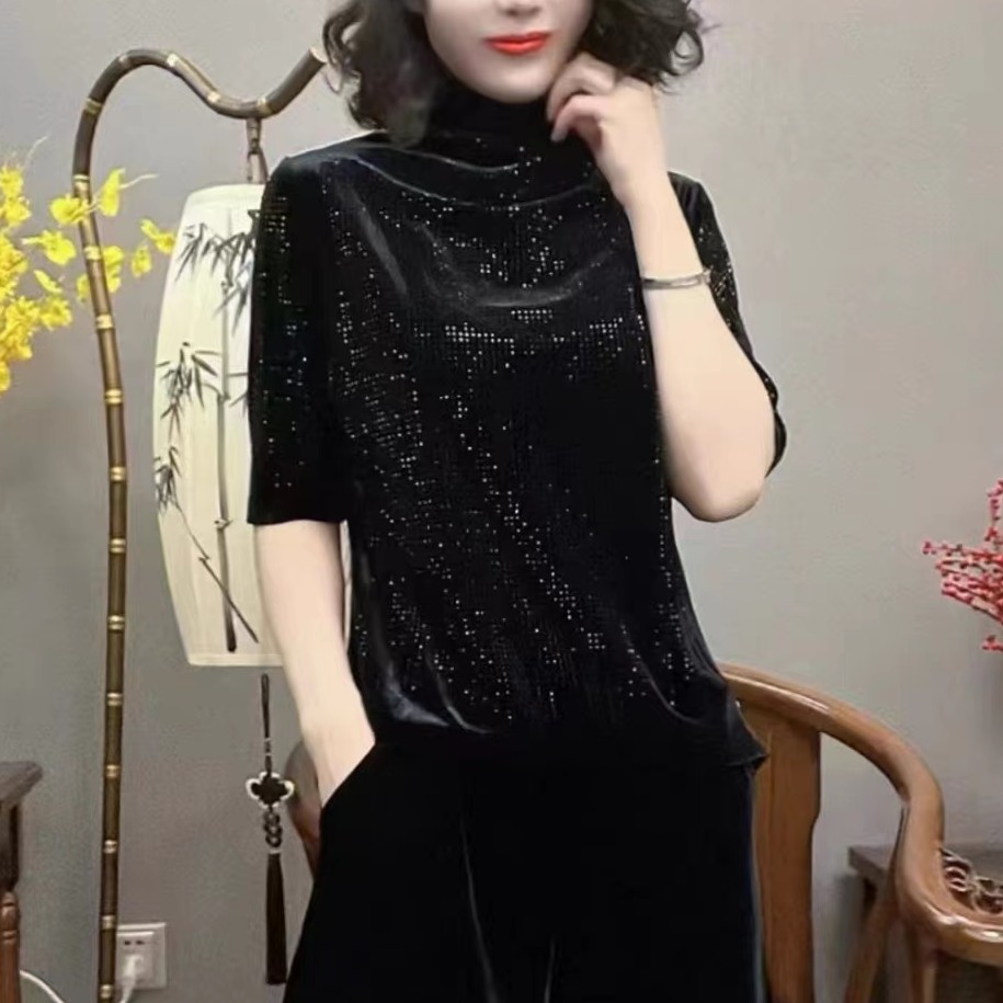 8008（丹姐家）新款洋气百搭时尚显瘦丝绒烫钻打底衫T恤女