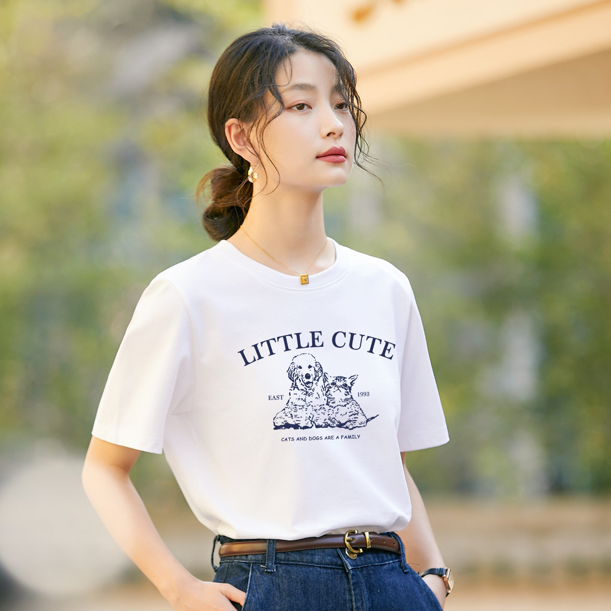 【福利特卖】茵曼夏季短袖T恤女25年40支双纱纯棉面料正肩上衣