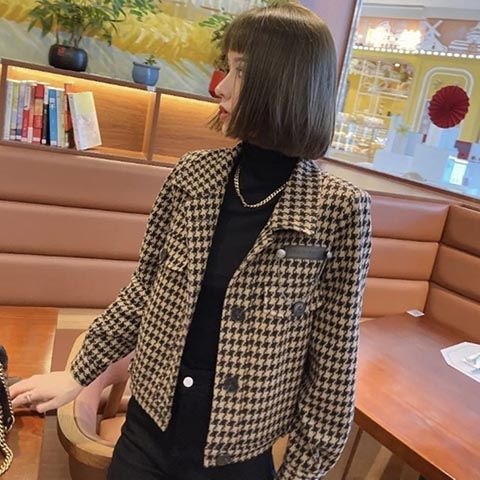 通通9963短款外套女2023秋冬新款小个子百搭千鸟格小香风上衣洋气