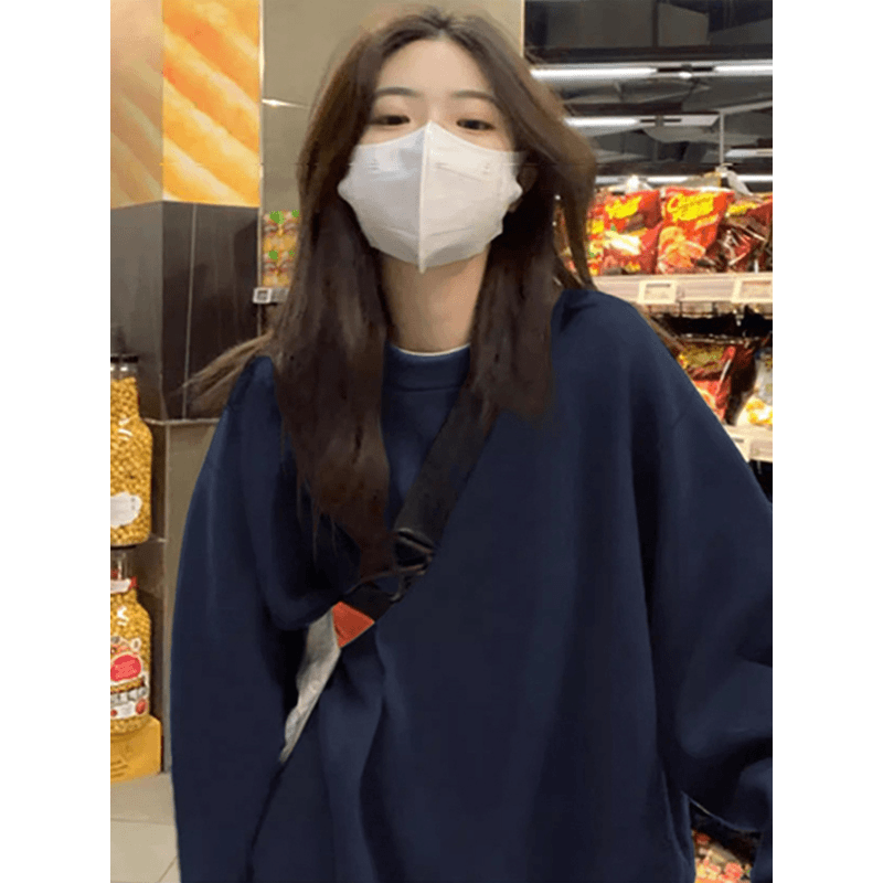 藏青色圆领卫衣男女同款秋季cleanfit内搭长袖上衣重磅质感慵懒风