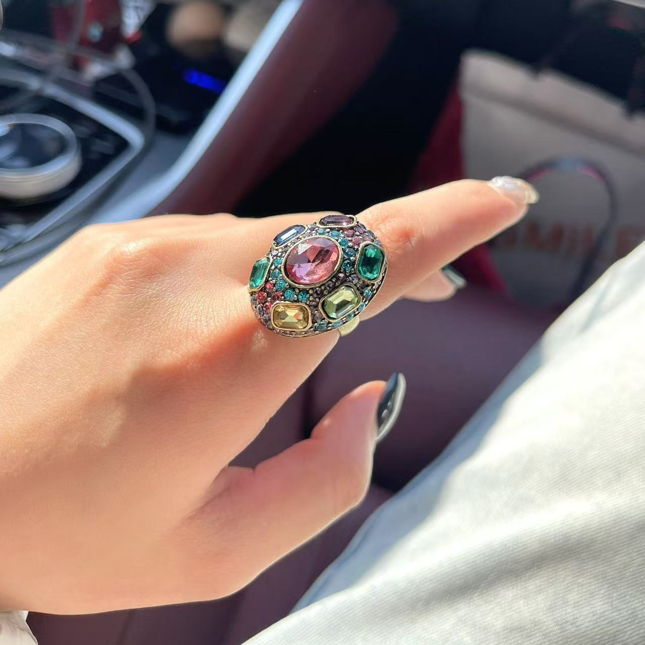 铜合金戒指 精致五彩水钻椭圆形开口戒指ST121