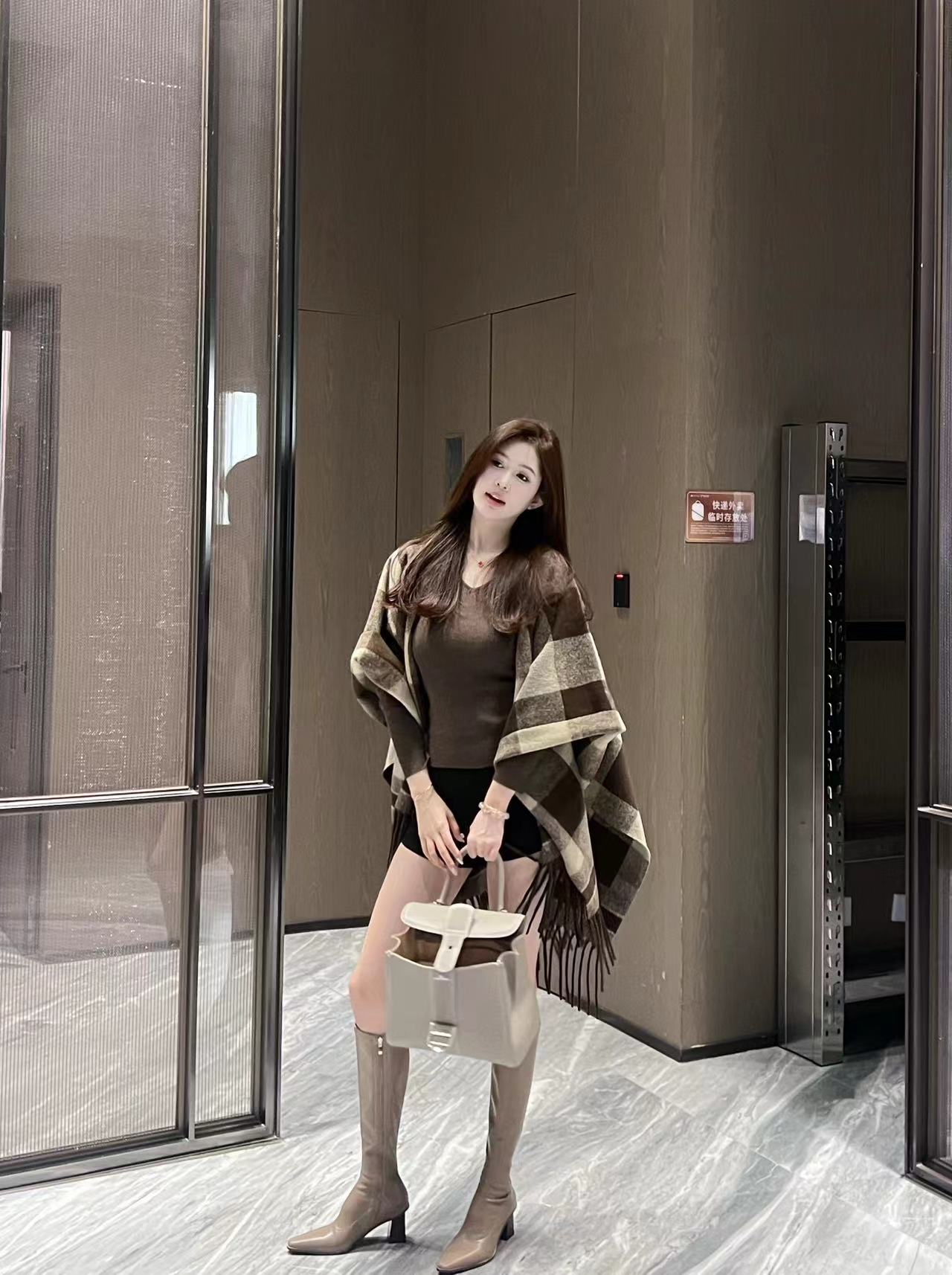 【棋盘格】针织格子棋盘格百搭时尚休闲卡其拼咖披肩围巾秋冬气质